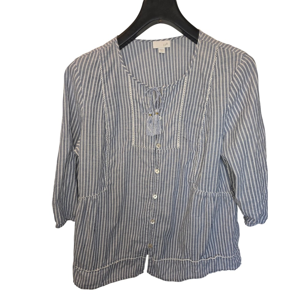 J. Jill‎ Blue White Striped Tassel Tie Cotton Blouse Top Womens L Petite